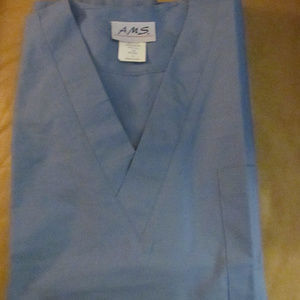 5 Blue AMS Scrub Tops Sz SMALL V-neck Chest Pocket